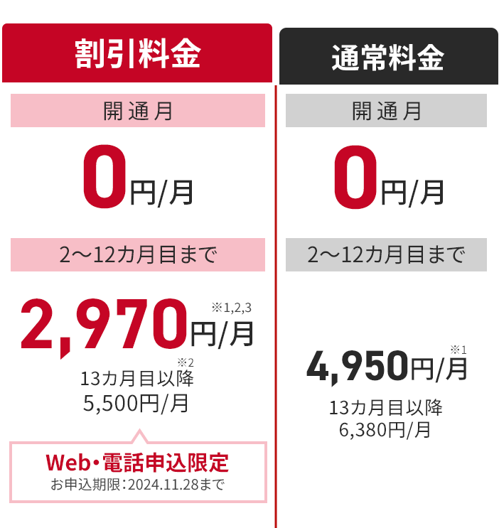 割引料金　開通月0円　2～12ヶ月まで月額2970円　13か月以降月額5500円　通常料金　開通月0円　2～12ヶ月まで月額4950円　13か月以降月額6380円