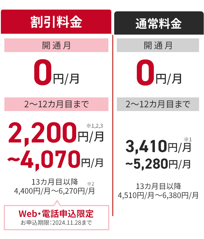 割引料金　開通月0円　2～12ヶ月まで月額2200円～4070円　13か月以降月額4400円～6270円　通常料金　開通月0円　2～12ヶ月まで月額3410円～5280円　13か月以降月額4510円～6380円