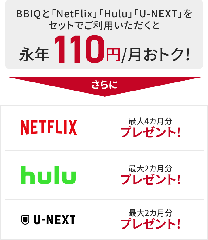 BBIQとNetFlix、Hulu、U-NEXTをセットでご利用いただくと永年月額110円おトク さらにNetFlix最大4カ月分プレゼント　Hulu最大2か月分プレゼント　U-NEXT最大2か月分プレゼント